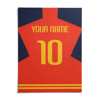 Football Shirt Poster in Red with Navy Sleeves and Yellow Number, shown as an unframed paper print on a plain white background