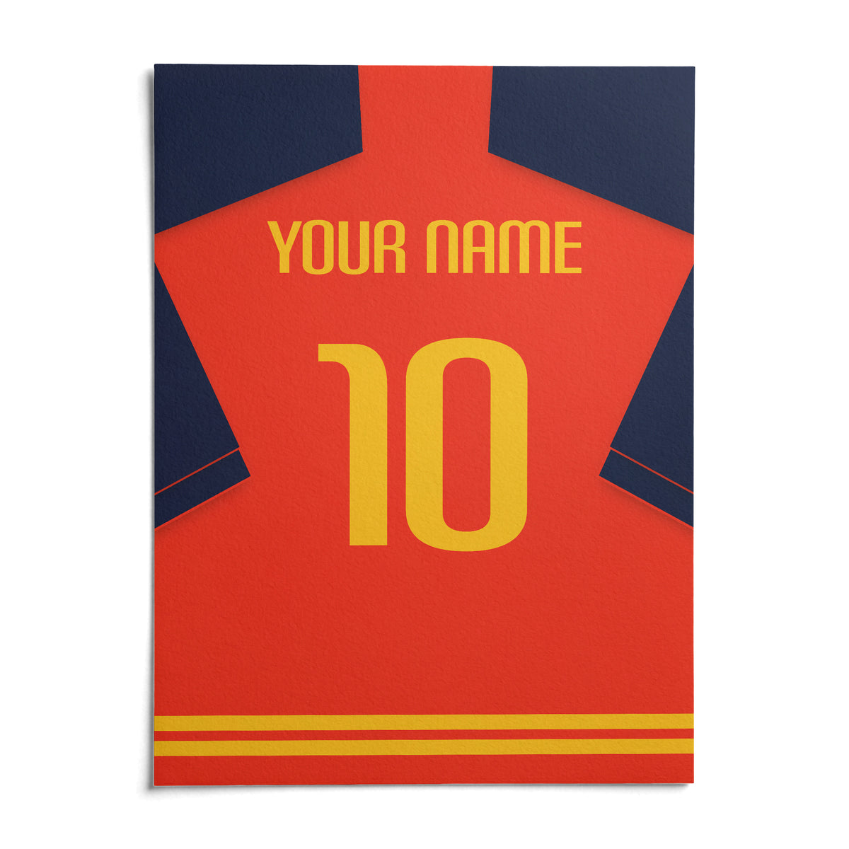 Football Shirt Poster in Red with Navy Sleeves and Yellow Number, shown as an unframed paper print on a plain white background