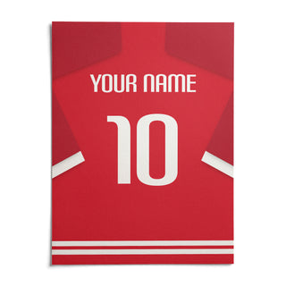 Football Shirt Poster in Red with White Number, shown as an unframed paper print on a plain white background