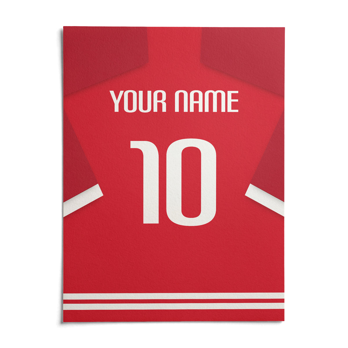 Football Shirt Poster in Red with White Number, shown as an unframed paper print on a plain white background