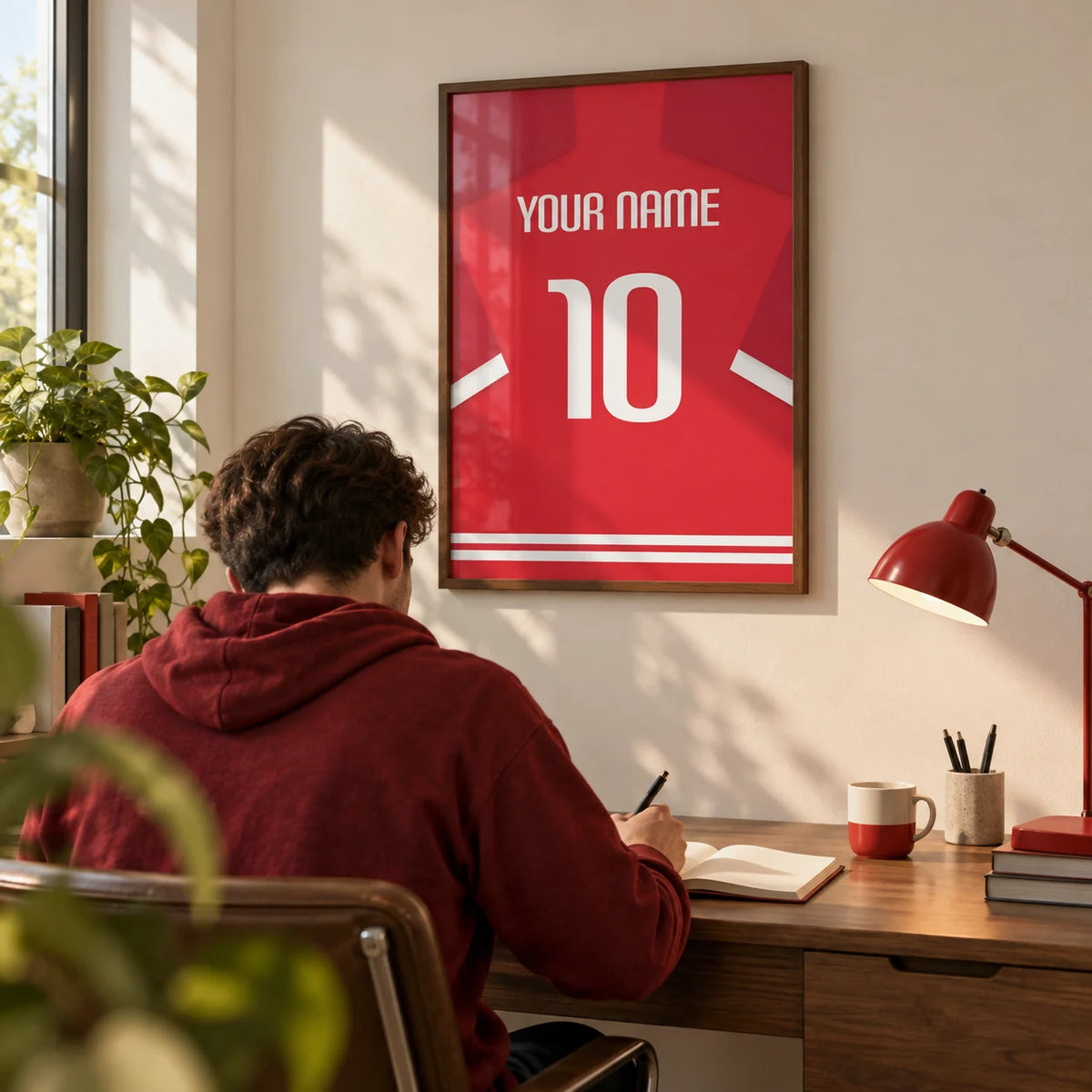 Football Shirt Poster in Red with White Number, framed on the wall of a young adult football supporter's home study with a warm white wall and a walnut desk