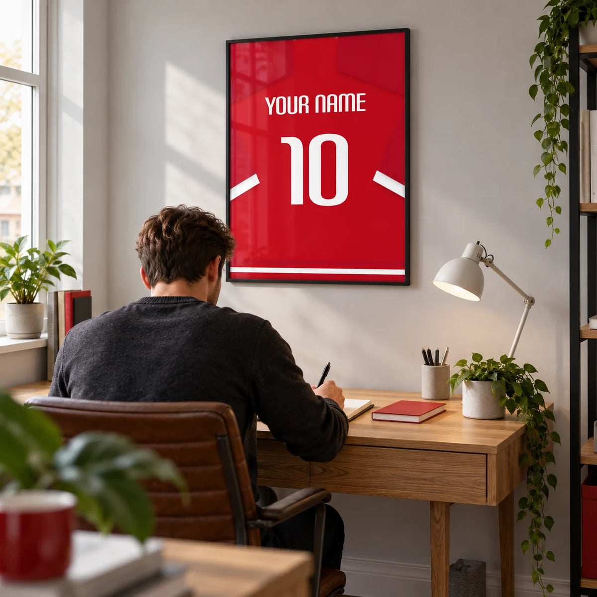 Football Shirt Poster in Red with White Sleeve Stripes, framed on the wall of a bright home study for a young adult football fan (22-35)