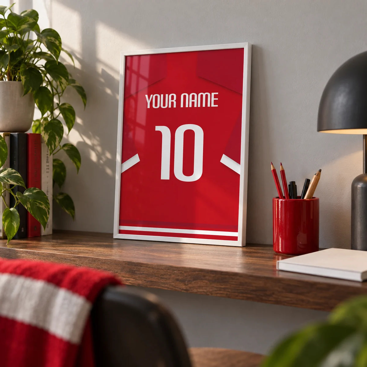 Football Shirt Poster in Red with White Sleeve Stripes, a small A4 framed print leaning on a walnut shelf in a home office