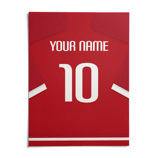 Football Shirt Poster in Red with White Sleeve Stripes, shown as an unframed paper print on a plain white background