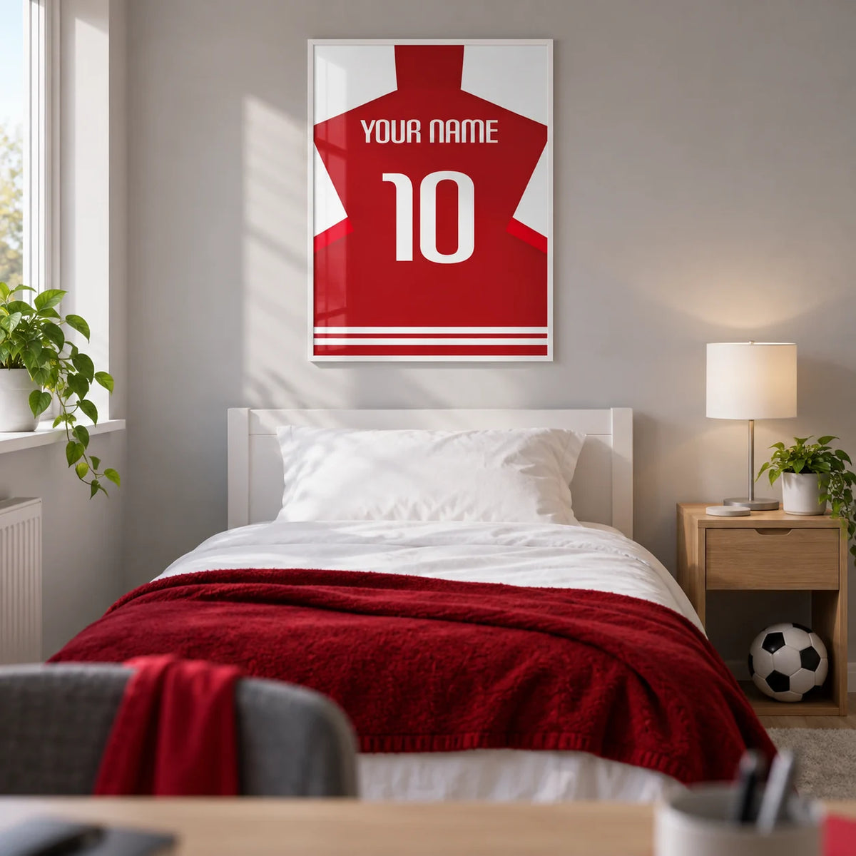 Football Shirt Poster in Red with White Sleeves, framed on the wall of a modern football-loving teenager's single bedroom (13-17) in a UK family home with a pale grey wall