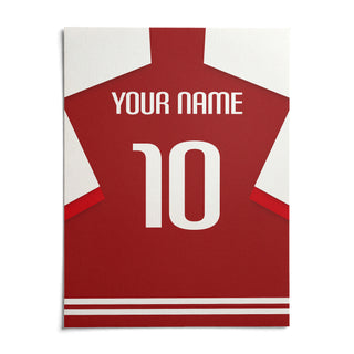 Football Shirt Poster in Red with White Sleeves, shown as an unframed paper print on a plain white background