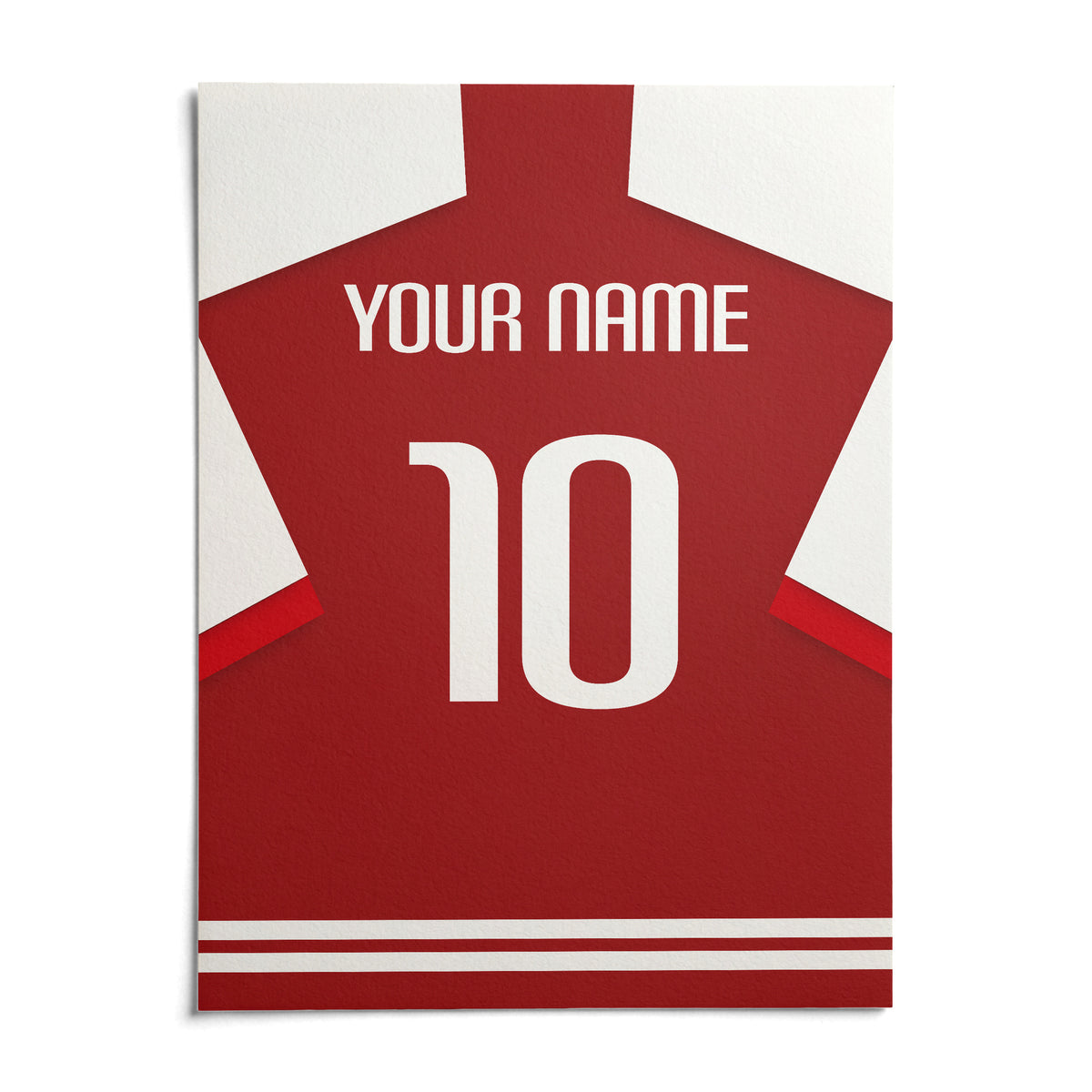 Football Shirt Poster in Red with White Sleeves, shown as an unframed paper print on a plain white background
