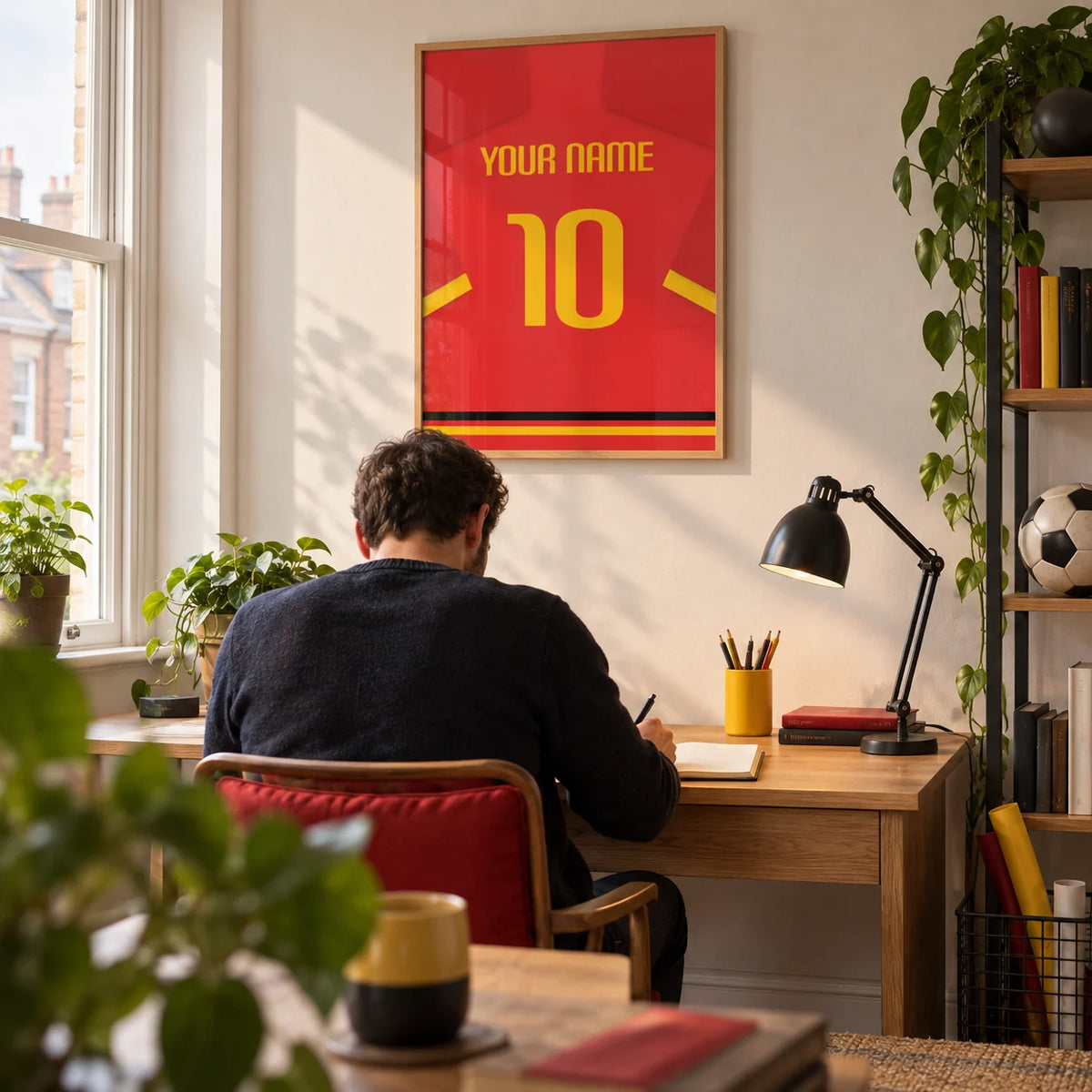 Football Shirt Poster in Red with Yellow Number and Sleeve Stripe, framed on the wall of a bright home study for a football enthusiast (25-40) in a UK terrace with an off-white wall