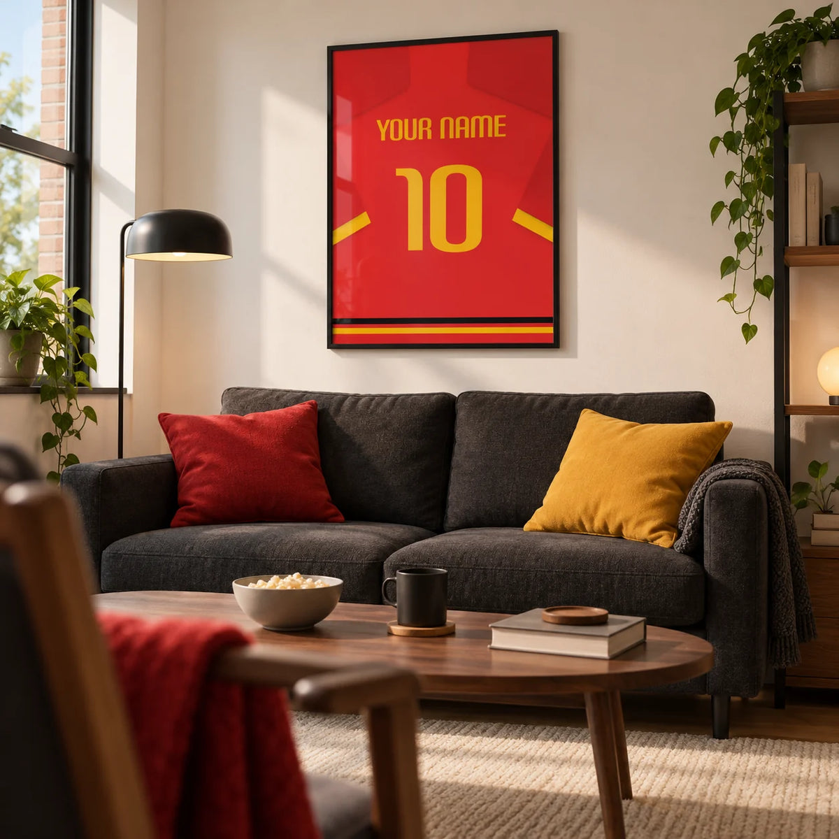 Football Shirt Poster in Red with Yellow Number and Sleeve Stripe, framed on the wall of a compact match-day sitting room in a young adult's first UK flat (22-28) in a living room