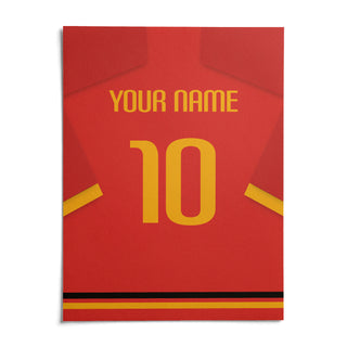 Football Shirt Poster in Red with Yellow Number and Sleeve Stripe, shown as an unframed paper print on a plain white background