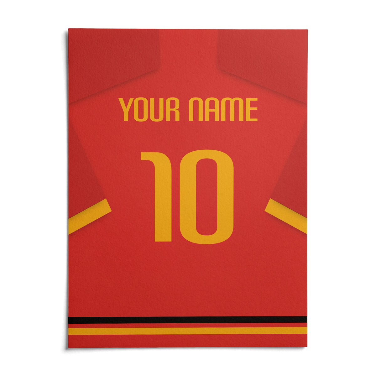 Football Shirt Poster in Red with Yellow Number and Sleeve Stripe, shown as an unframed paper print on a plain white background