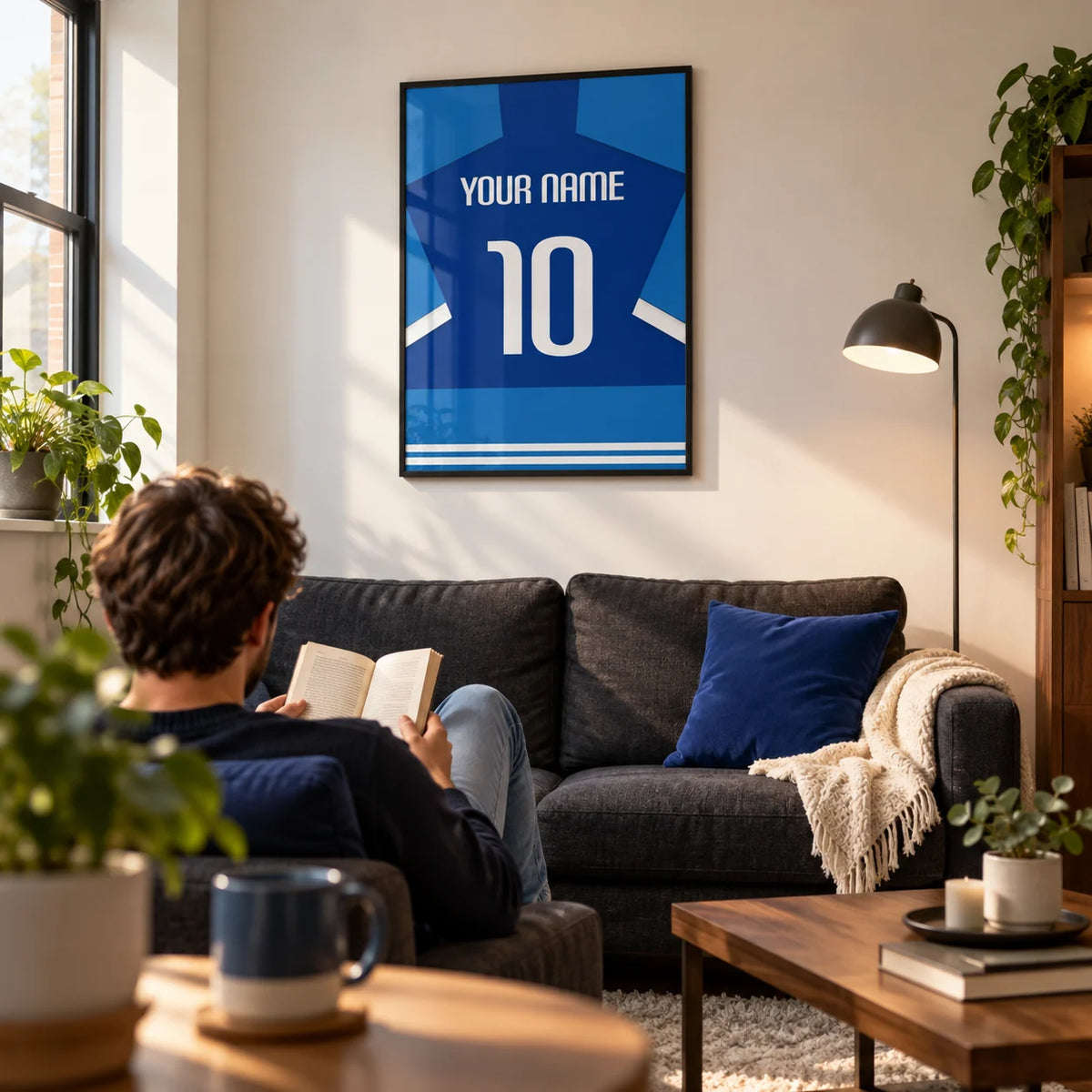 Football Shirt Poster in Two-Tone Blue with White Sleeve Stripes, framed on the wall of a compact modern living room in a football fan's first UK flat (22-28)