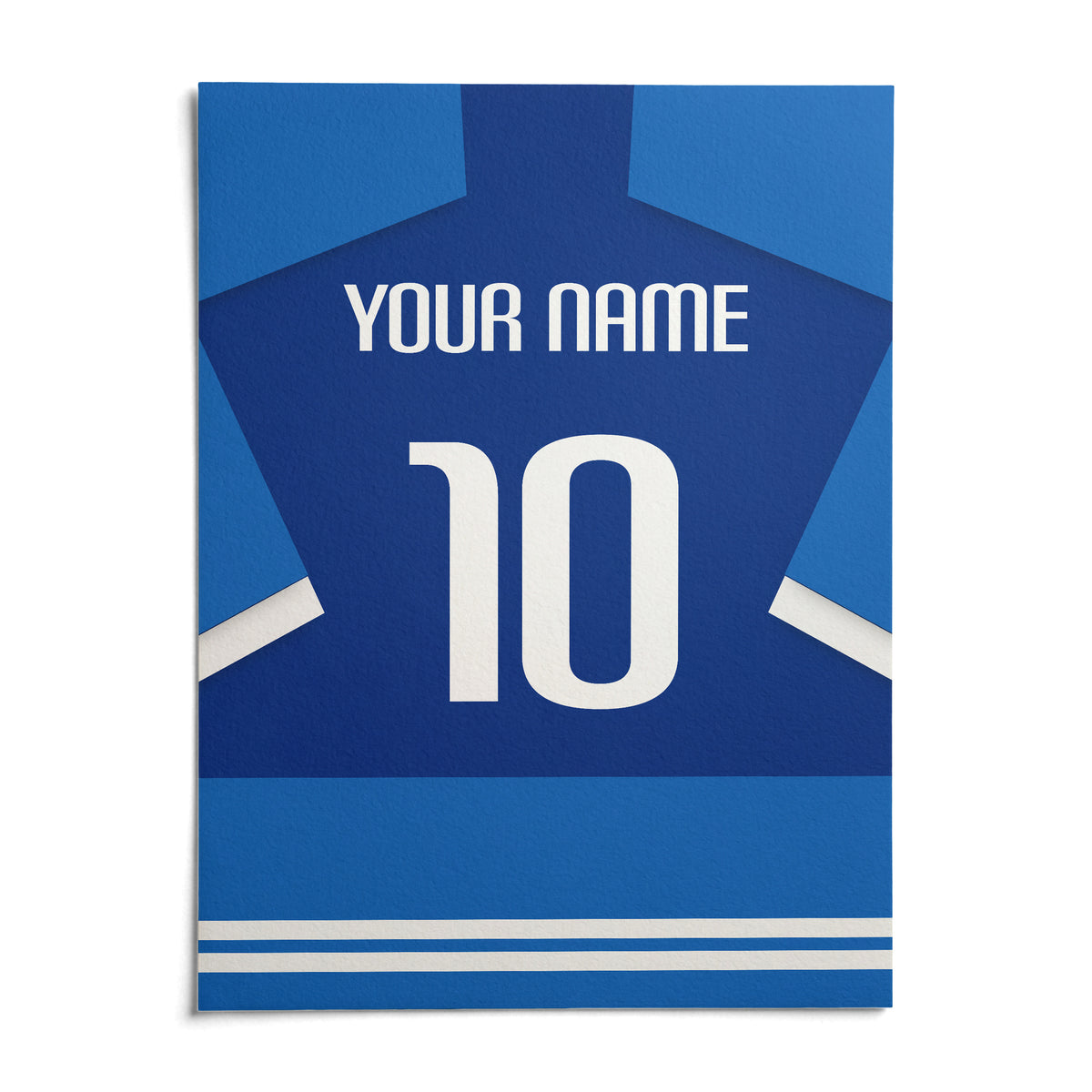 Football Shirt Poster in Two-Tone Blue with White Sleeve Stripes, shown as an unframed paper print on a plain white background