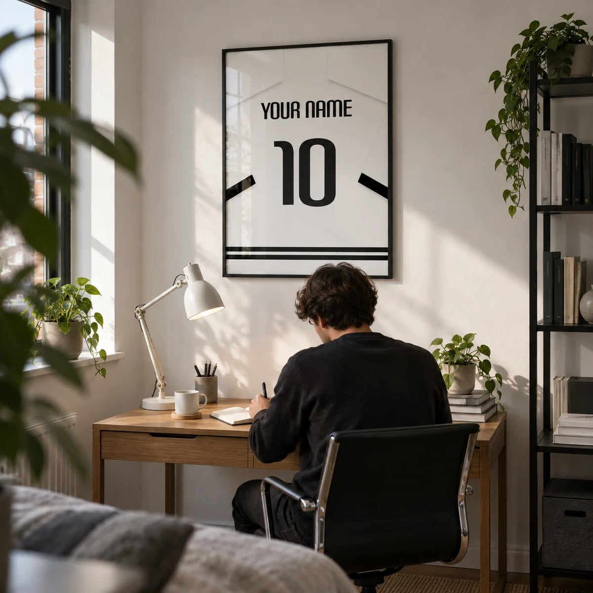 Football Shirt Poster in White with Black Banded Sleeves and Black Number, framed on the wall of a compact home office in a young adult's first UK flat (22-28)