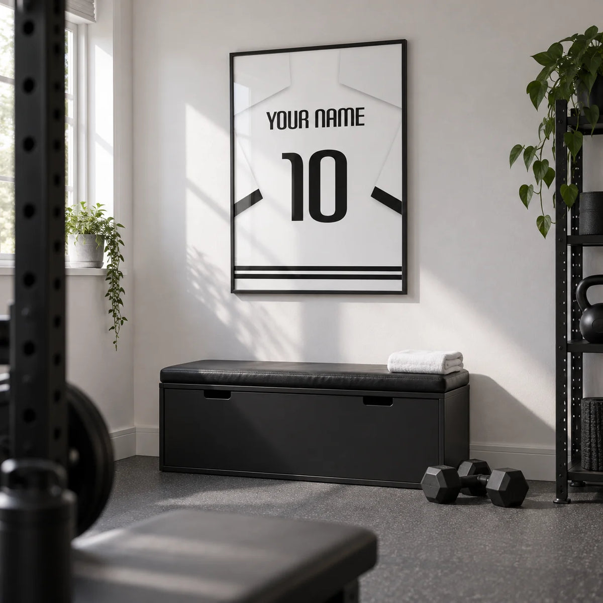 Football Shirt Poster in White with Black Banded Sleeves and Black Number, framed on the wall of a small converted spare-room home gym in a UK house