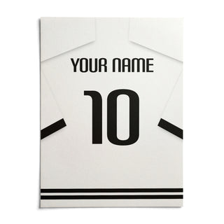 Football Shirt Poster in White with Black Banded Sleeves and Black Number, shown as an unframed paper print on a plain white background