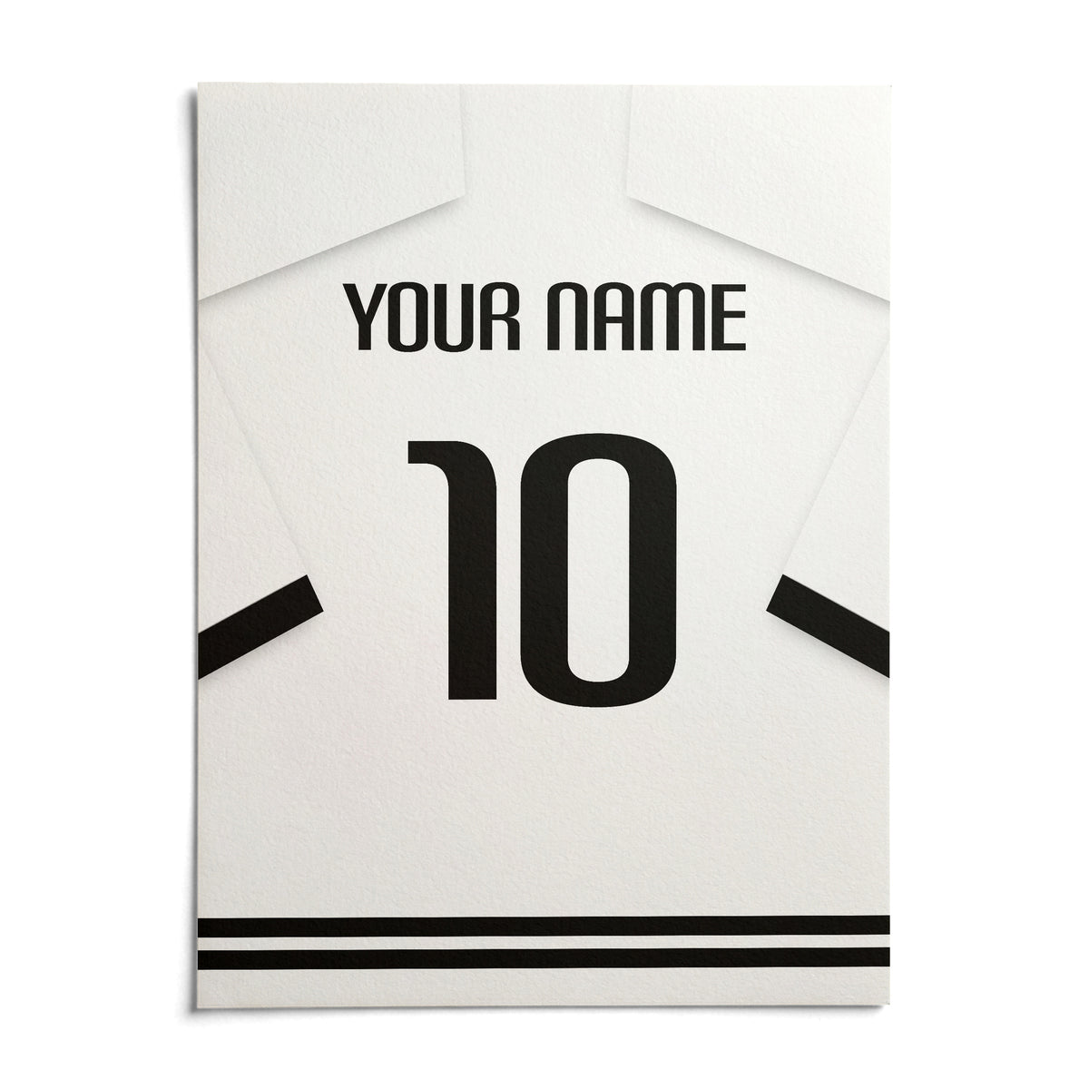 Football Shirt Poster in White with Black Banded Sleeves and Black Number, shown as an unframed paper print on a plain white background