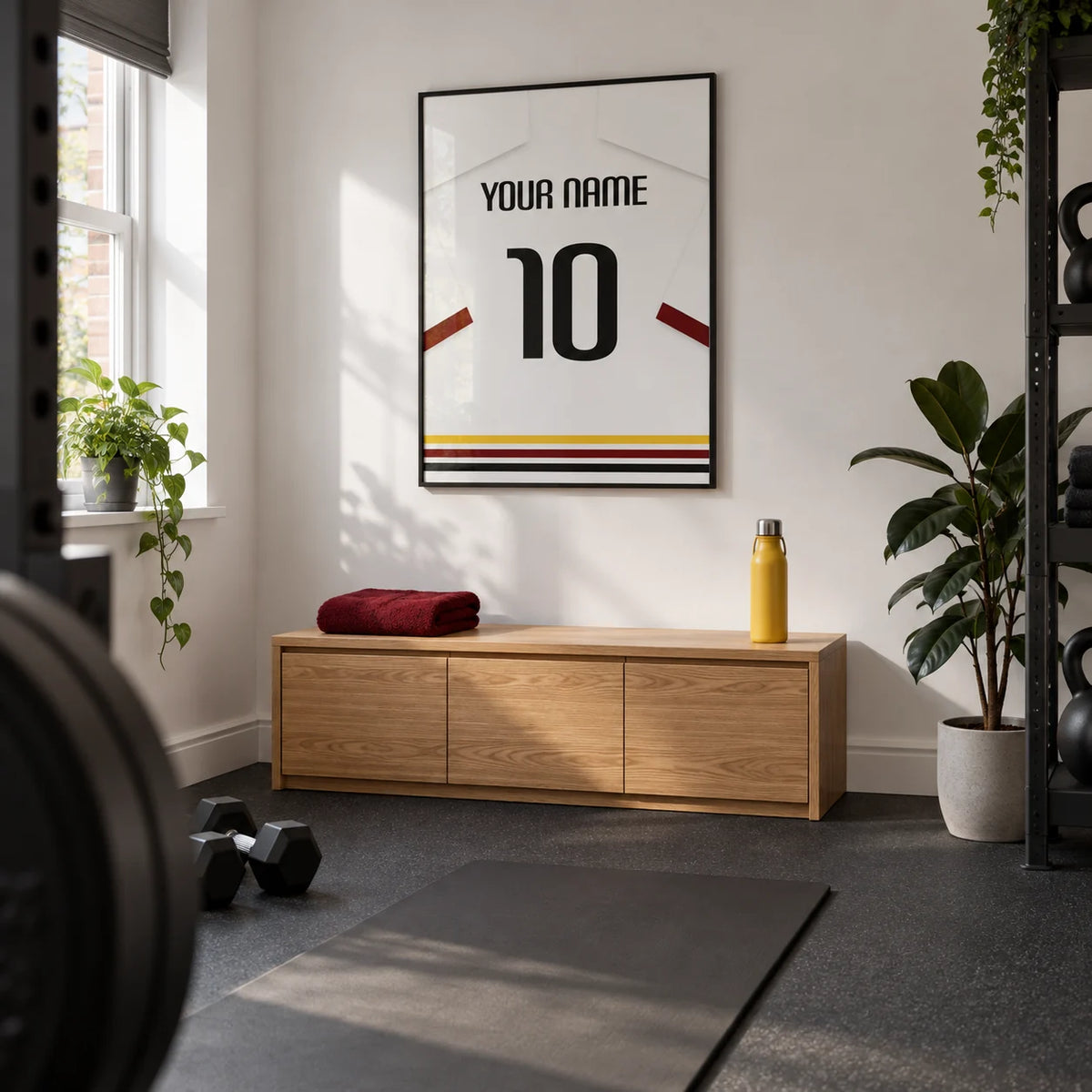 Football Shirt Poster in White with Black Red and Gold Hem Stripes, framed on the wall of a compact home gym in a converted UK spare room