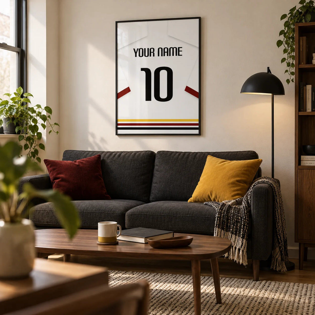 Football Shirt Poster in White with Black Red and Gold Hem Stripes, framed on the wall of a compact modern living room in a football fan's first UK flat (22-28)