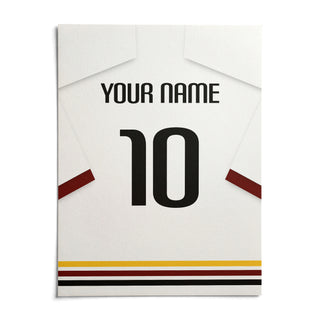 Football Shirt Poster in White with Black Red and Gold Hem Stripes, shown as an unframed paper print on a plain white background