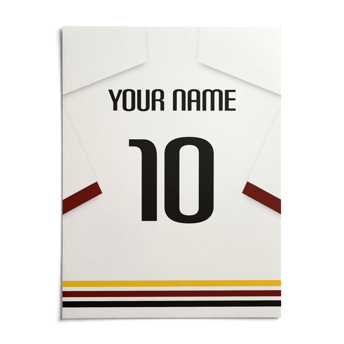 Football Shirt Poster in White with Black Red and Gold Hem Stripes, shown as an unframed paper print on a plain white background