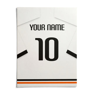 Football Shirt Poster in White with Black Sleeve Bands, shown as an unframed paper print on a plain white background