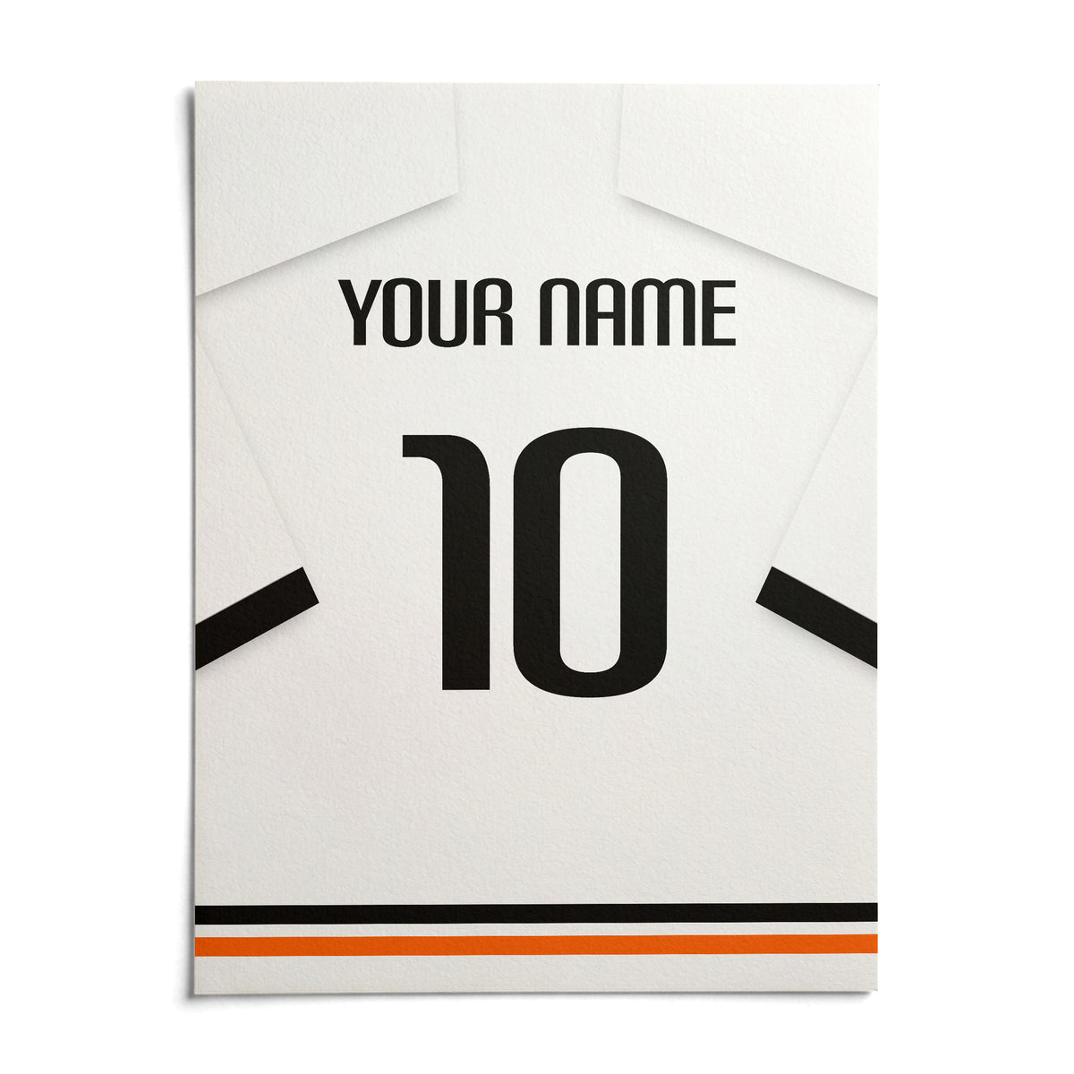 Football Shirt Poster in White with Black Sleeve Bands, shown as an unframed paper print on a plain white background