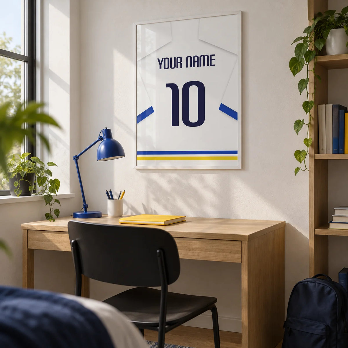 Football Shirt Poster in White with Blue Sleeves and Black Number, framed on the wall of a compact university study corner for a football fan (18-21) with a white wall and a light oak floor