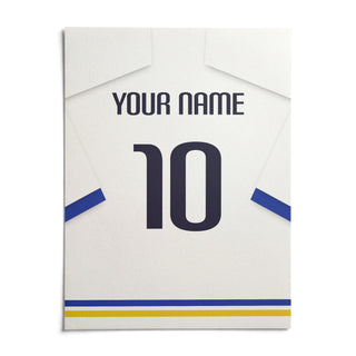 Football Shirt Poster in White with Blue Sleeves and Black Number, shown as an unframed paper print on a plain white background