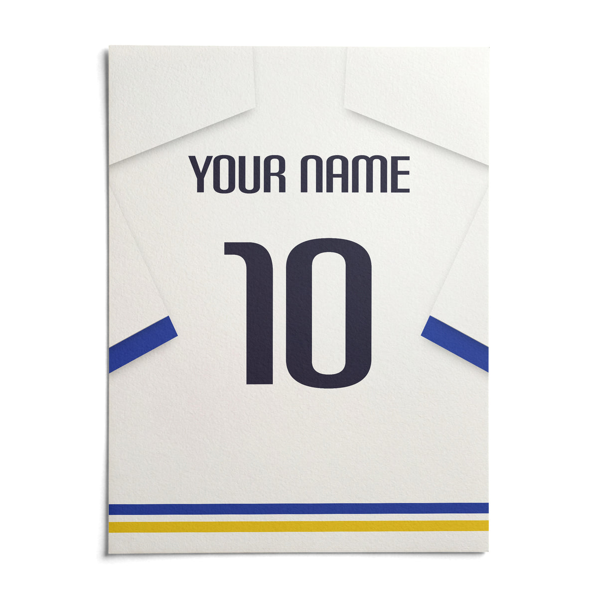 Football Shirt Poster in White with Blue Sleeves and Black Number, shown as an unframed paper print on a plain white background