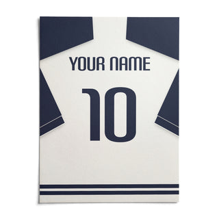 Football Shirt Poster in White with Navy Sleeves and Navy Number, shown as an unframed paper print on a plain white background