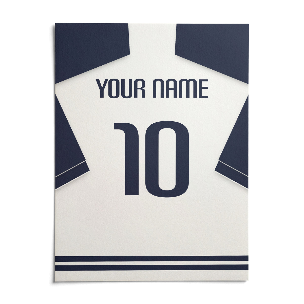 Football Shirt Poster in White with Navy Sleeves and Navy Number, shown as an unframed paper print on a plain white background