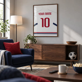 Football Shirt Poster in White with Navy Sleeves and Red Number, framed on the wall of a modern football-watching snug in a UK family home with a pale grey wall and walnut furniture in a living room