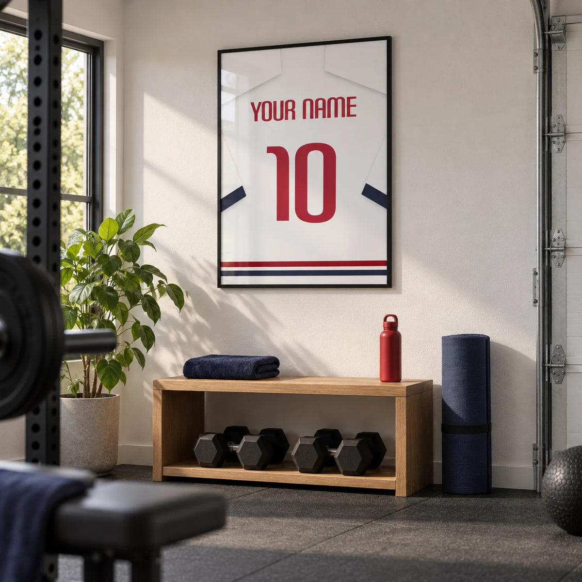 Football Shirt Poster in White with Navy Sleeves and Red Number, framed on the wall of a neat converted garage home gym with a white painted wall and charcoal rubber flooring