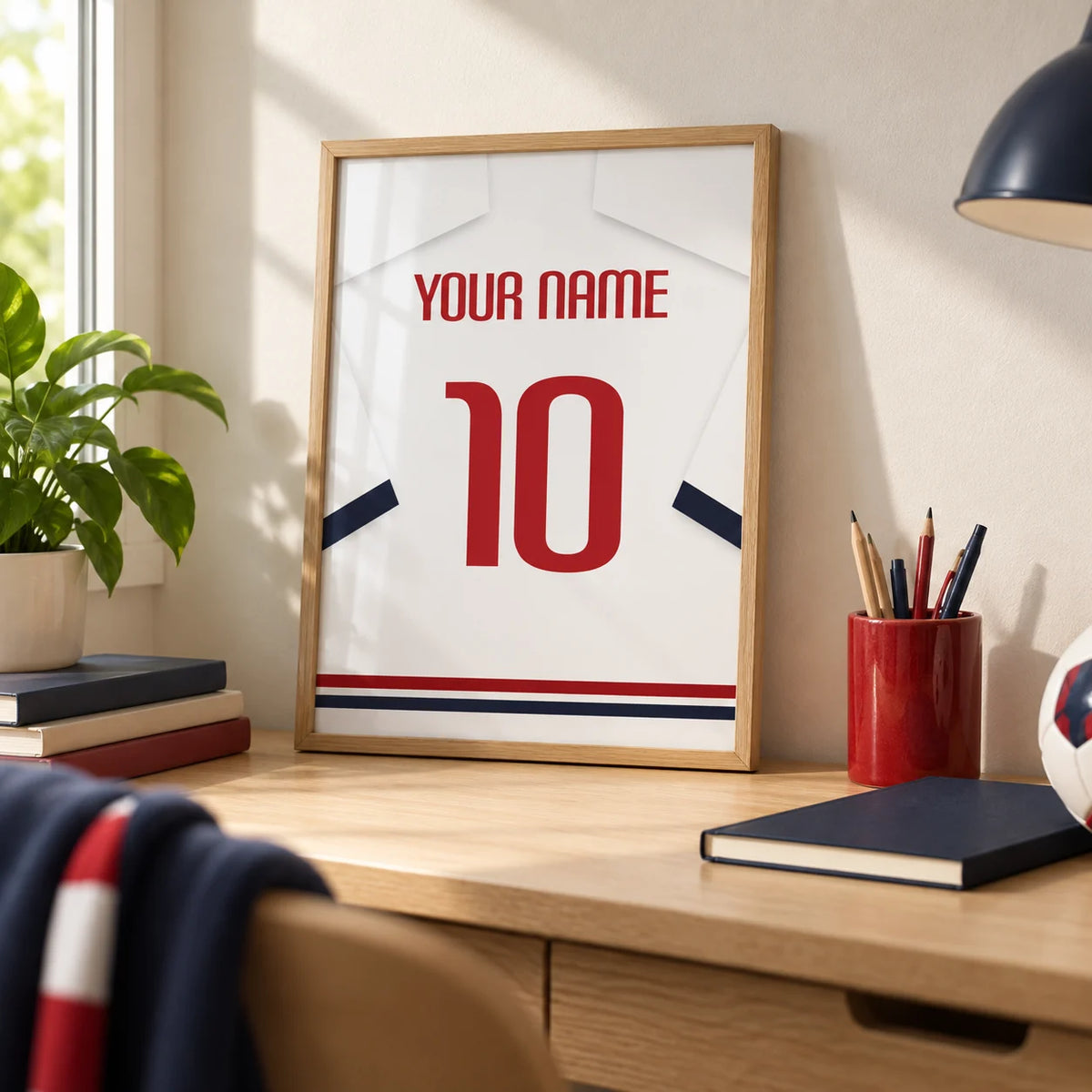 Football Shirt Poster in White with Navy Sleeves and Red Number, a small A4 framed print leaning on a pale oak desk
