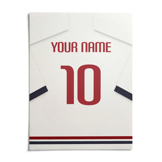 Football Shirt Poster in White with Navy Sleeves and Red Number, shown as an unframed paper print on a plain white background