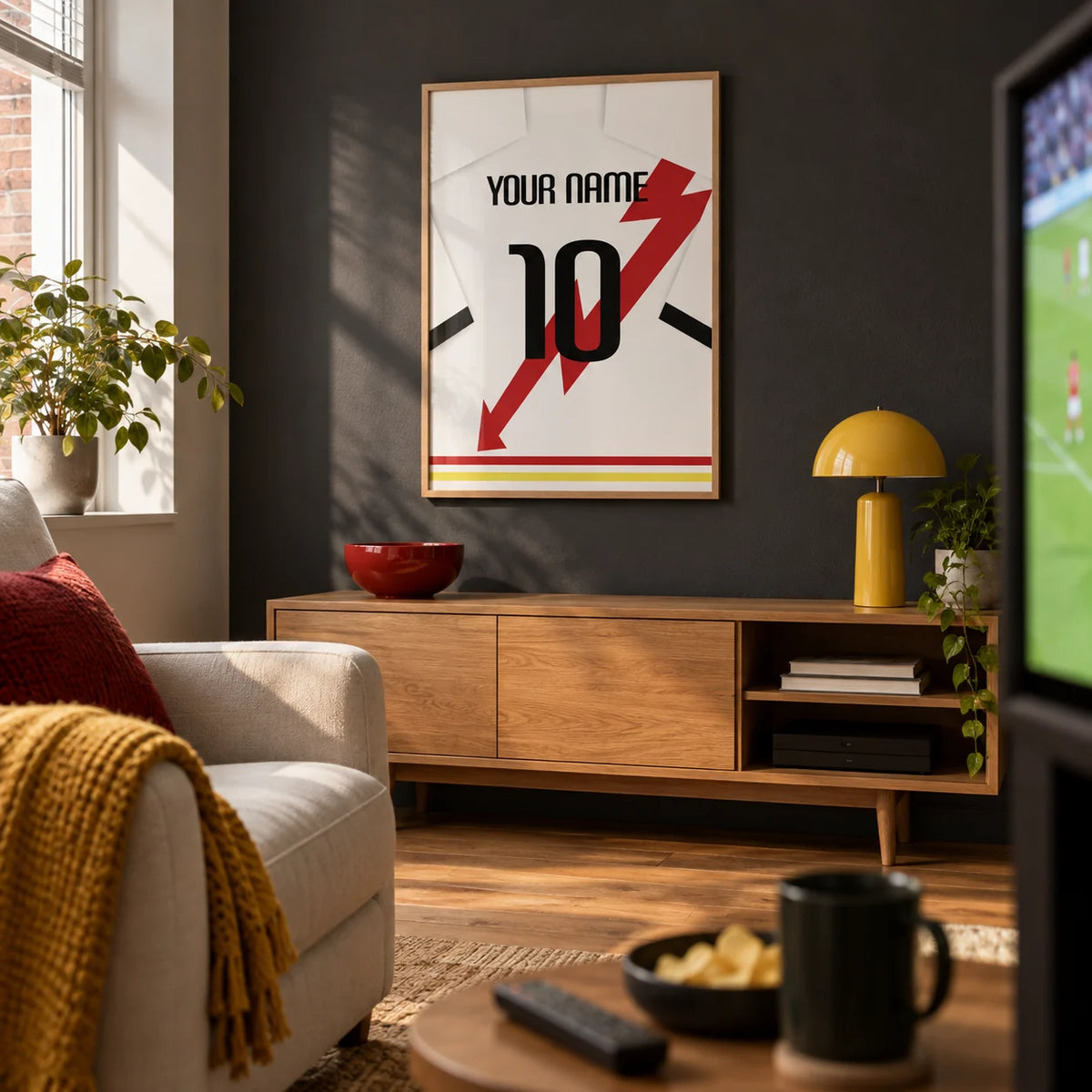 Football Shirt Poster in White with Red Lightning Bolt, framed on the wall of a compact football-watching snug in a UK terraced house with a charcoal wall in a living room
