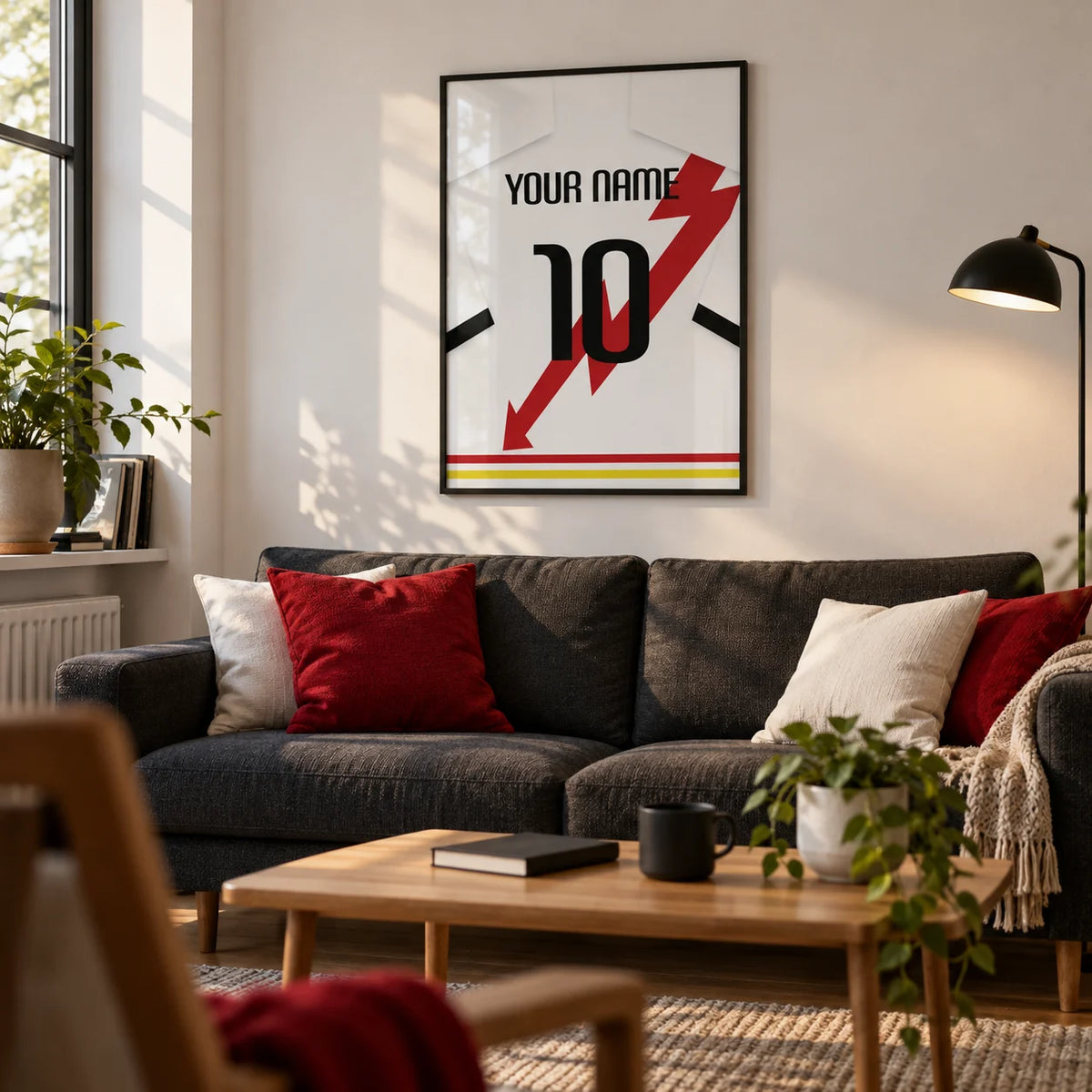 Football Shirt Poster in White with Red Lightning Bolt, framed on the wall of a modern living room in a football fan’s first flat (22-28) with a white wall and oak floor