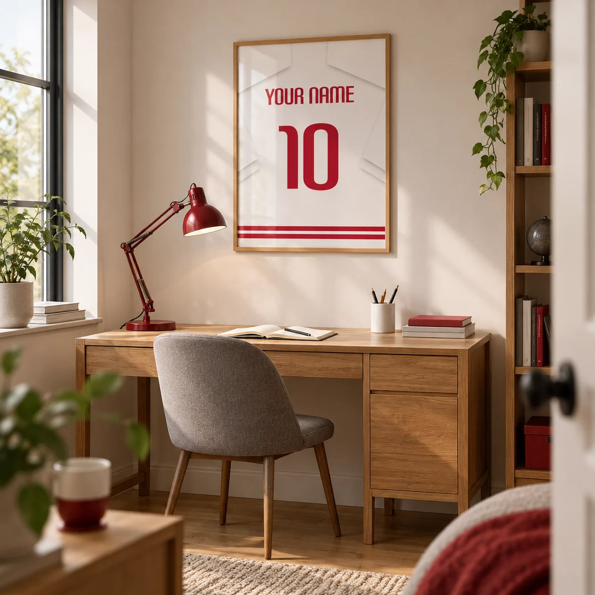 Football Shirt Poster in White with Red Number, framed on the wall of a tidy home study for a young adult football fan (22-35) with a warm white wall and oak floor