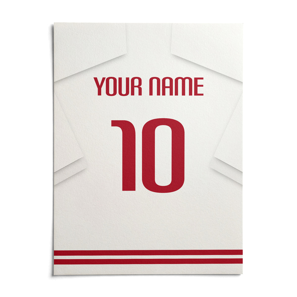 Football Shirt Poster in White with Red Number, shown as an unframed paper print on a plain white background