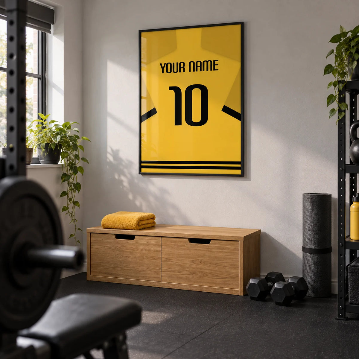 Football Shirt Poster in Yellow with Black Sleeve Stripes, framed on the wall of a compact home gym in a converted UK spare room with a light grey wall and plain black rubber floor
