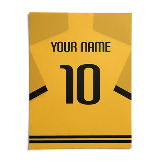 Football Shirt Poster in Yellow with Black Sleeve Stripes, shown as an unframed paper print on a plain white background