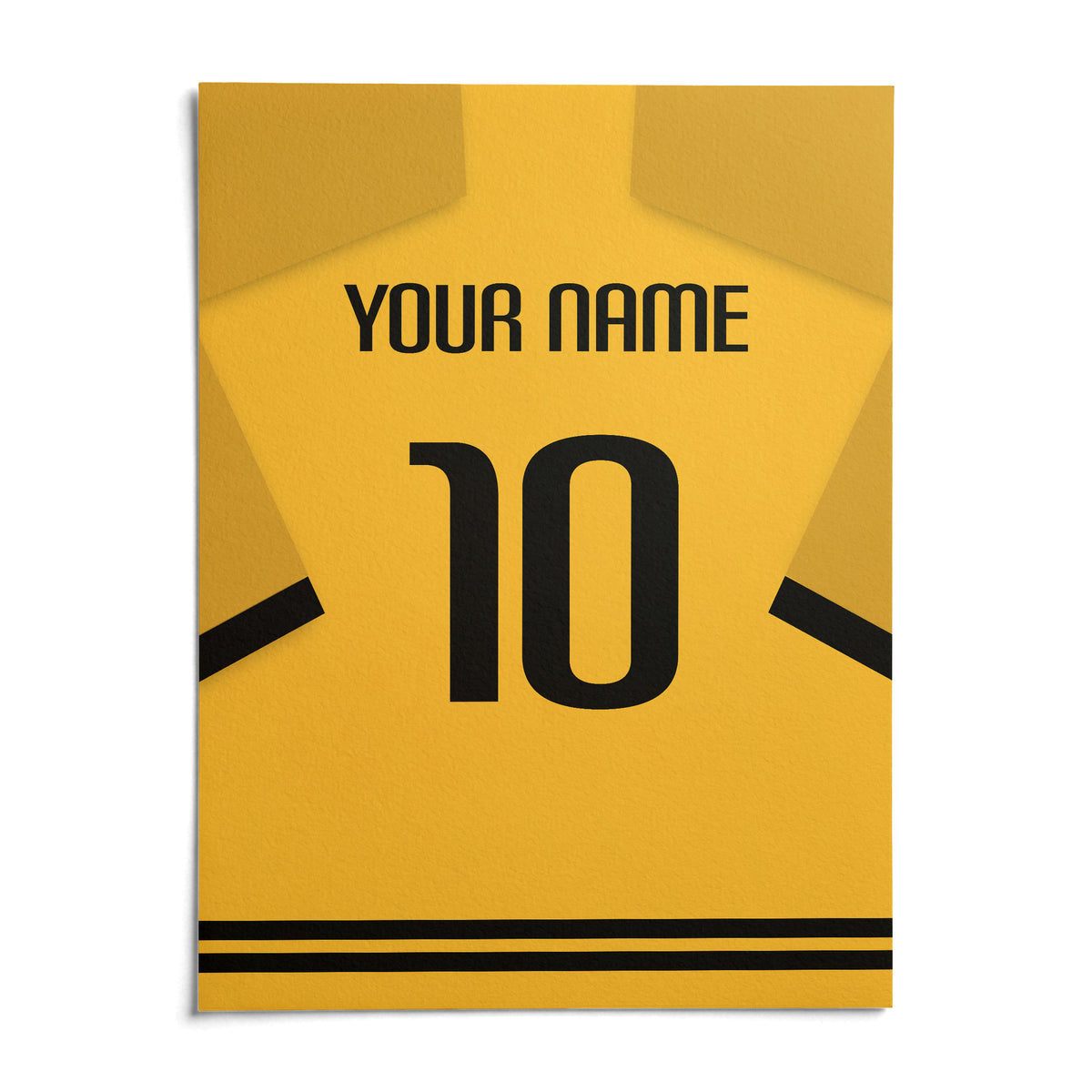 Football Shirt Poster in Yellow with Black Sleeve Stripes, shown as an unframed paper print on a plain white background