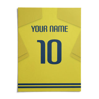 Football Shirt Poster in Yellow with Blue Number, shown as an unframed paper print on a plain white background