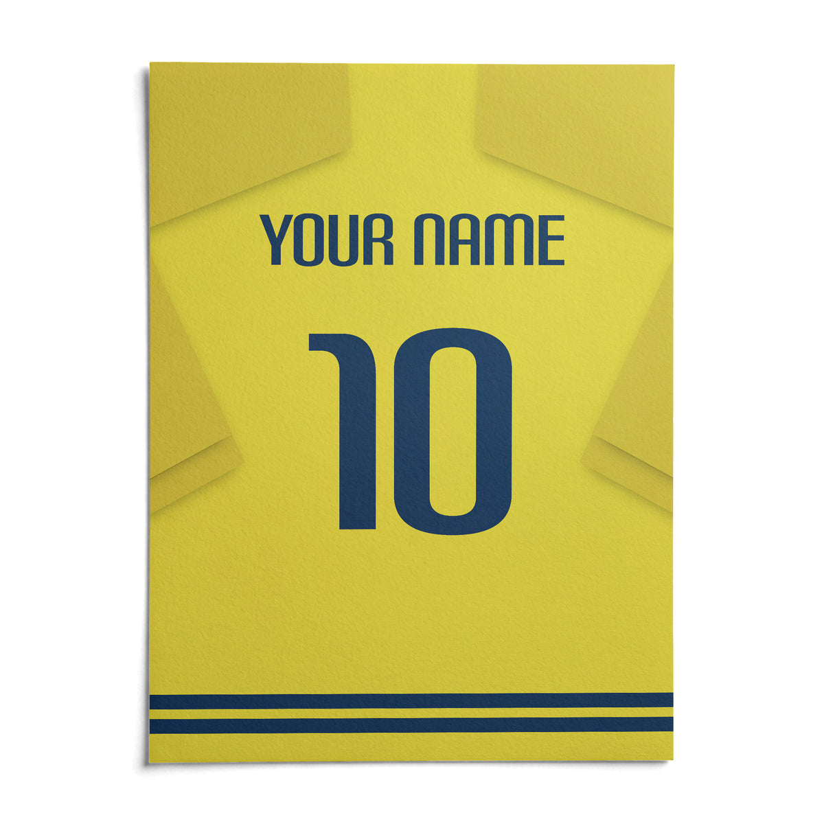 Football Shirt Poster in Yellow with Blue Number, shown as an unframed paper print on a plain white background