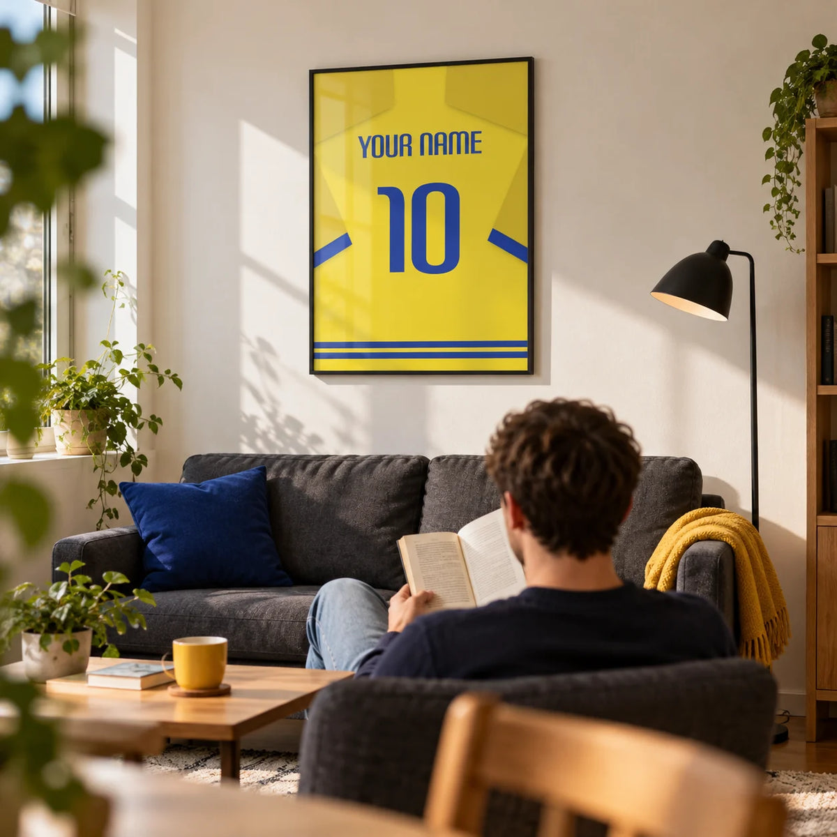 Football Shirt Poster in Yellow with Blue Trim, framed on the wall of a bright living room in a football fan's first UK flat (22-28) with a warm white wall