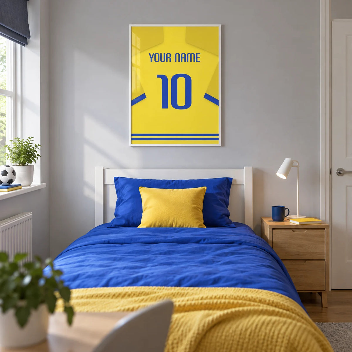 Football Shirt Poster in Yellow with Blue Trim, framed on the wall of a modern football-loving teenager's single bedroom (13-17) in a UK family home with a pale grey wall and oak floor
