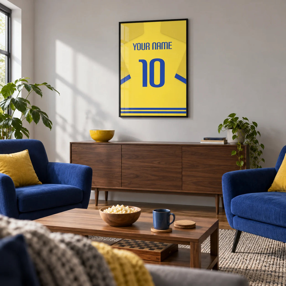 Football Shirt Poster in Yellow with Blue Trim, framed on the wall of a relaxed football-viewing and games den in a UK family home with a pale grey wall in a living room