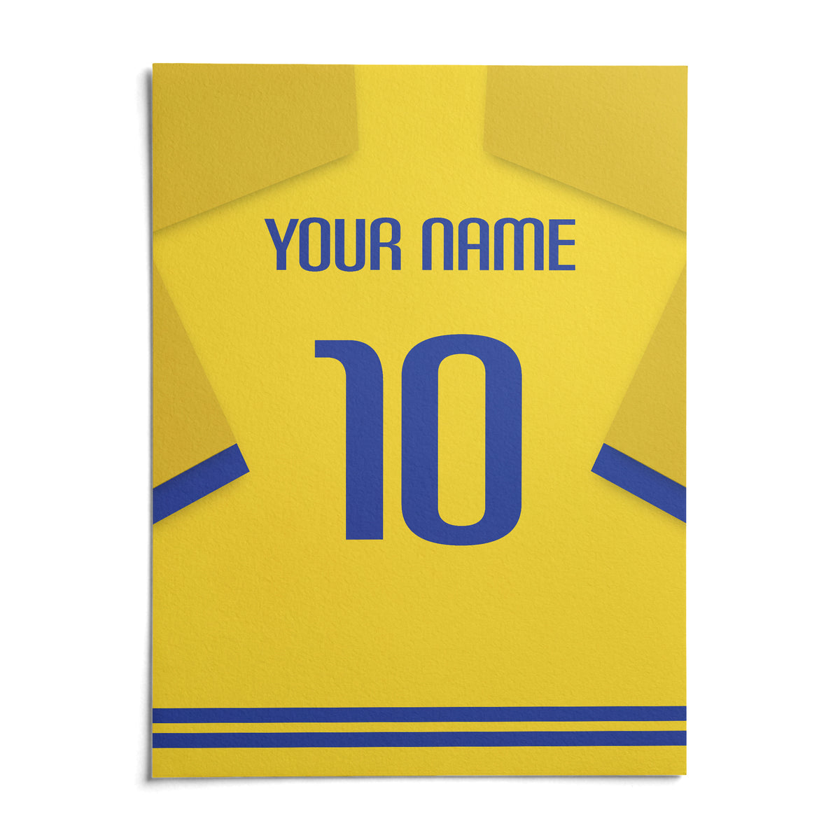 Football Shirt Poster in Yellow with Blue Trim, shown as an unframed paper print on a plain white background