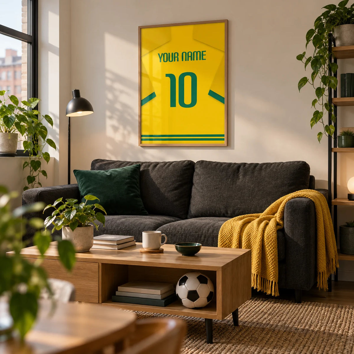 Football Shirt Poster in Yellow with Green Number, framed on the wall of a compact modern living room in a football fan's first UK flat (22-28) with an off-white wall